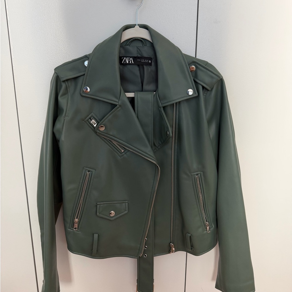 Zara Women's Sage Green Leather Jacket